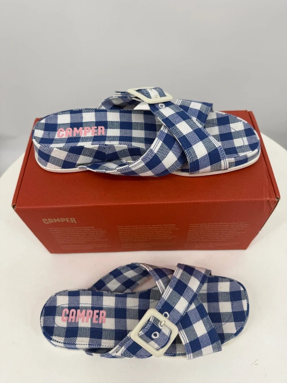Camper Atonic Navy Gingham Platform Slides Buckle Plaid Sandals EU 37 US7 New - Picture 12 of 16